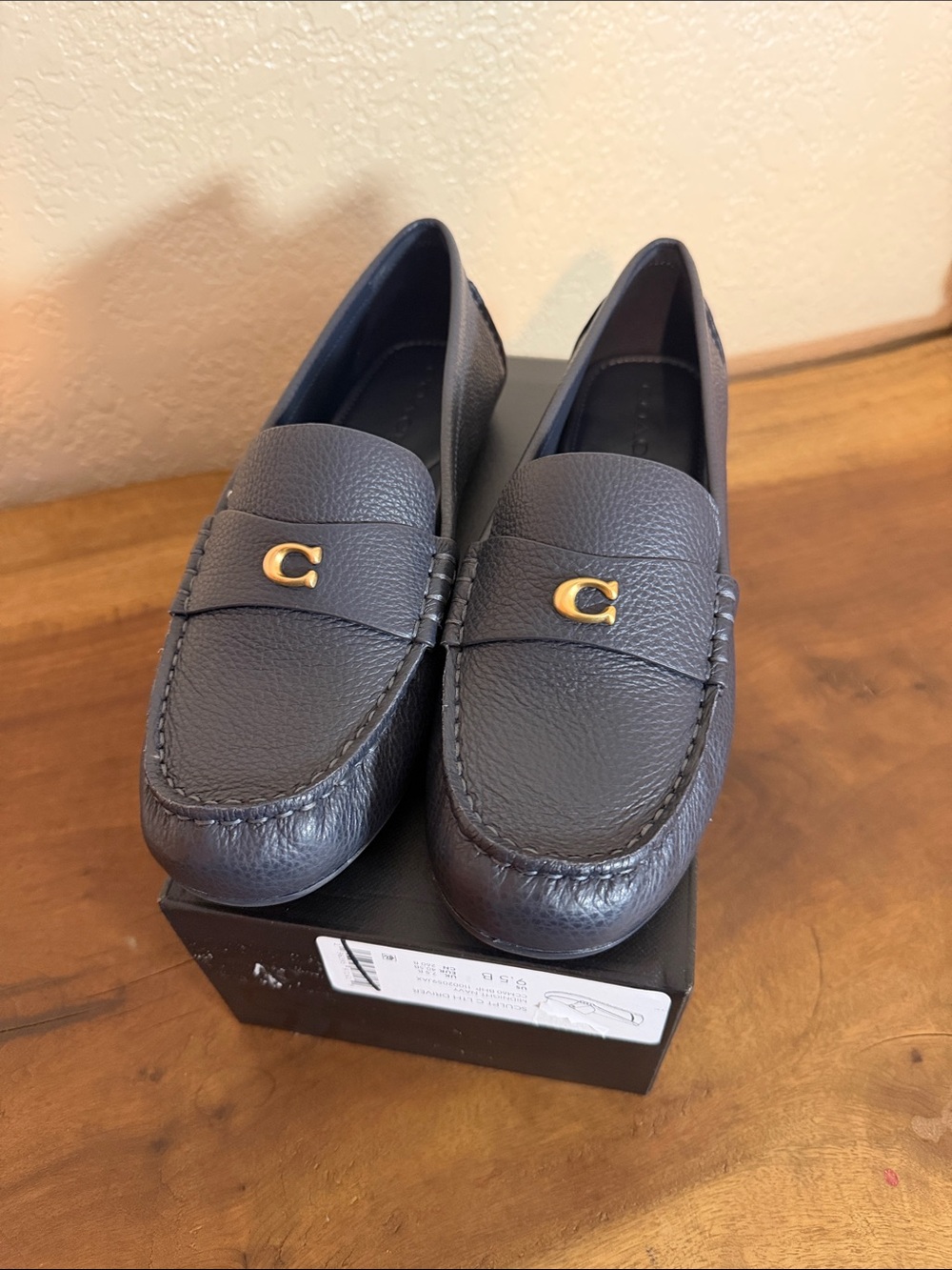 Coach Pebbled Midnight Navy Leather Loafers Gold Sculpt C LTH Driver